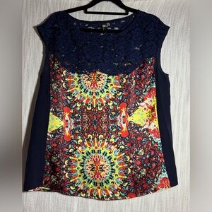 Kut from the Kloth Navy and Multicolor Lace Blouse